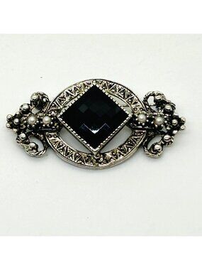Vintage Silver-tone Brooch With Black Faceted Stone & Faux Pearls Retro Pin